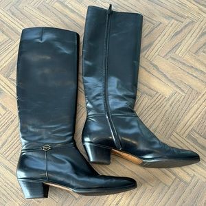 Salvatore Ferragamo Black Leather Riding Boots with Gold & Black Logo